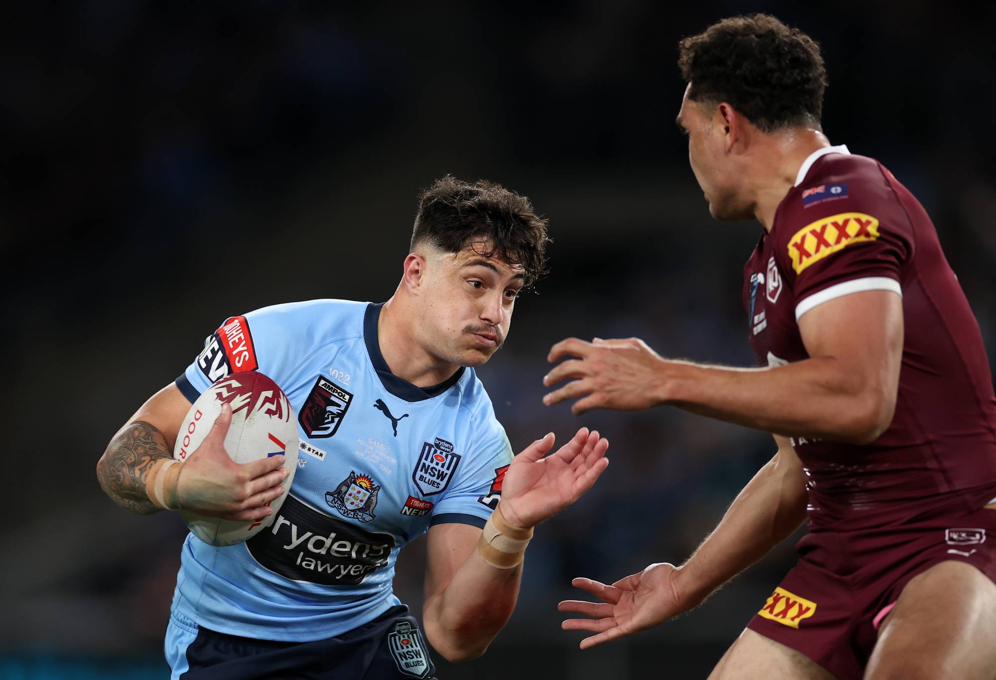 SYDNEY, AUSTRALIA - JUNE 08: Kotoni Staggs of the Blues runs the ball during game one of the 2022 State of Origin series between the New South Wales Blues and the Queensland Maroons at Accor Stadium on June 08, 2022 in Sydney, Australia. (Photo by Cameron Spencer/Getty Images)