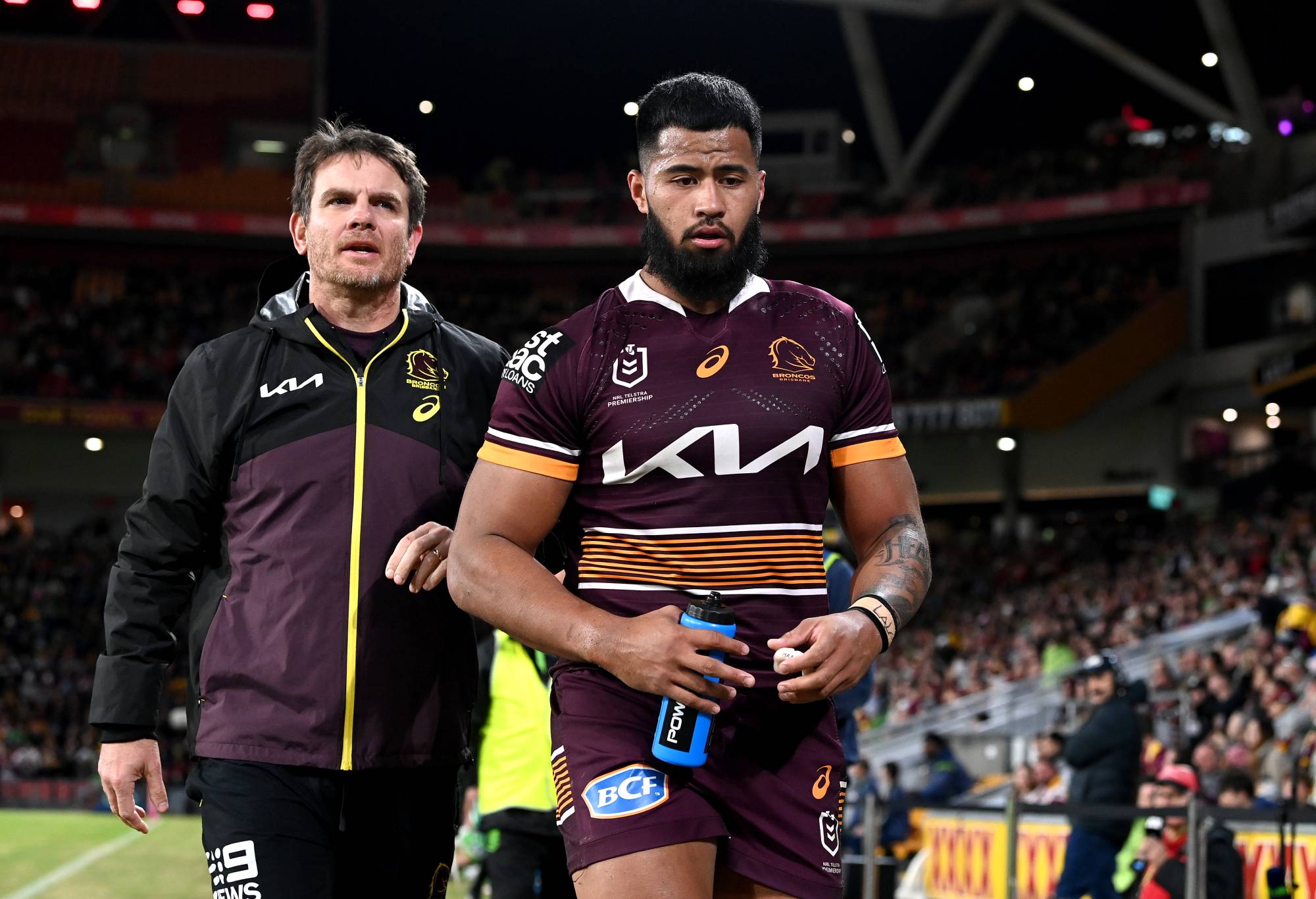 BRISBANE, AUSTRALIA - JUNE 11: Payne Haas of the Broncos is seen coming from the field with a sore shoulder during the round 14 NRL match between the Brisbane Broncos and the Canberra Raiders at Suncorp Stadium, on June 11, 2022, in Brisbane, Australia. (Photo by Bradley Kanaris/Getty Images)