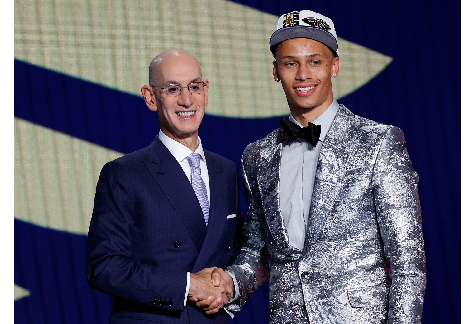 NEW YORK, NEW YORK - JUNE 23: NBA commissioner Adam Silver (L) and Dyson Daniels pose for photos after Daniels was drafted with the 8th overall pick by the New Orleans Pelicans during the 2022 NBA Draft at Barclays Center on June 23, 2022 in New York City. NOTE TO USER: User expressly acknowledges and agrees that, by downloading and or using this photograph, User is consenting to the terms and conditions of the Getty Images License Agreement. (Photo by Sarah Stier/Getty Images)