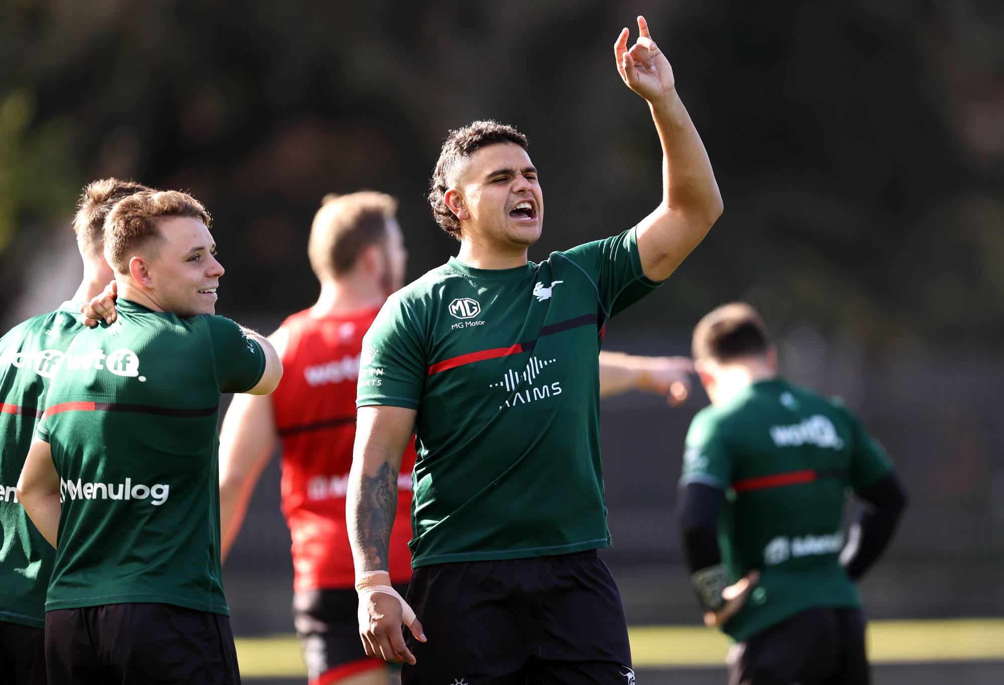 SYDNEY, AUSTRALIA - JUNE 28: Latrell Mitchell of the Rabbitohs gestures during a South Sydney Rabbitohs NRL training session at Redfern Oval on June 28, 2022 in Sydney, Australia. (Photo by Brendon Thorne/Getty Images)