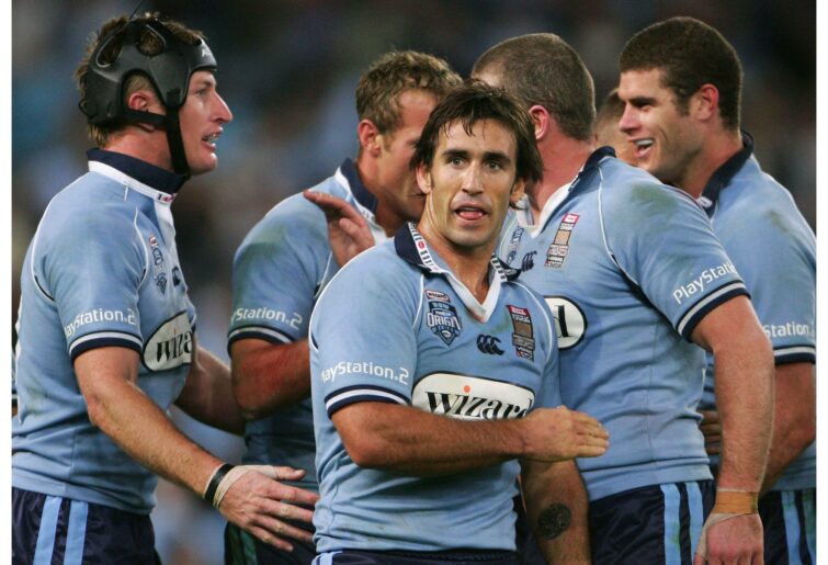 SYDNEY, NSW - JUNE 15: Andrew Johns of the Blues celebrates a try with team mates during the State Of Origin Game 2 between the New South Wales Blues and the Queensland Maroons held at Telstra Stadium June 15, 2005 in Sydney, Australia (Photo by Chris McGrath/Getty Images)