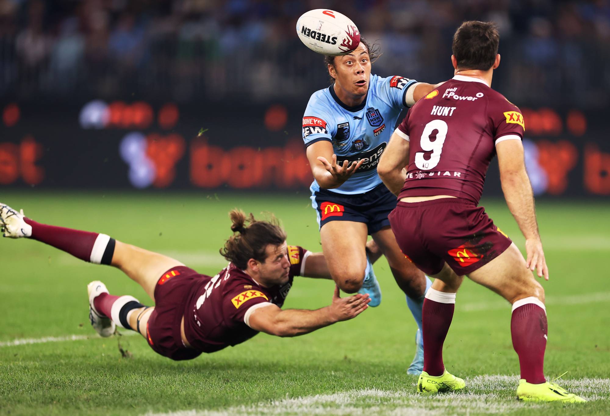 Jarome Luai of the Blues drops the ball in a tackle during game two of the State of Origin series between New South Wales Blues and Queensland Maroons at Optus Stadium, on June 26, 2022, in Perth, Australia. (Photo by Mark Kolbe/Getty Images)