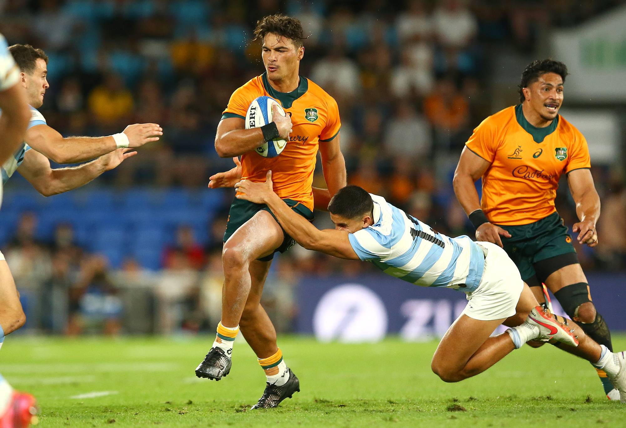 Jordan Petaia of the Wallabies makes a run during The Rugby Championship match between the Argentina Pumas and the Australian Wallabies at Cbus Super Stadium on October 02, 2021 in Gold Coast, Australia. (Photo by Jono Searle/Getty Images)