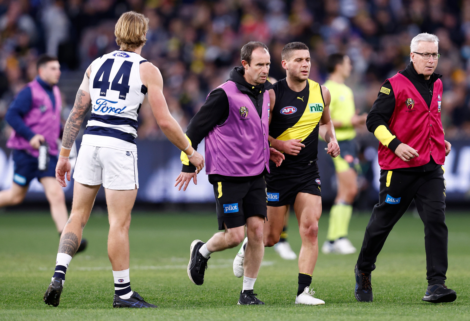 Dion Prestia of the Tigers is helped from the ground after being bumped by Tom Stewart.
