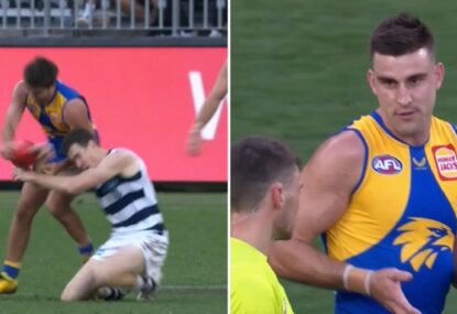 Elliot Yeo seeks explanation from the ump after controversial free that infuriated Jason Dunstall