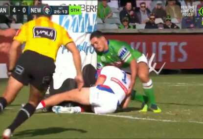 WATCH: Knights get a lucky break as goal post pads help Kalyn Ponga save a try