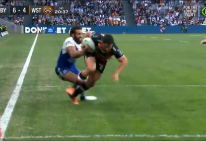 The Fox has a double defensive nightmare as his opponent scores a brilliant try