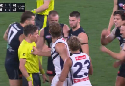 WATCH: Did Nat Fyfe get pushed into the umpire in controversial incident?