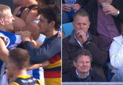 Glenn Archer watches on as son gets into first fight 20 minutes into AFL career