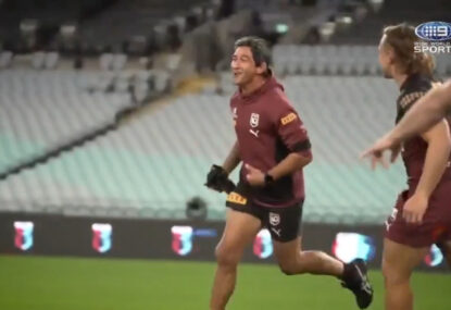 WATCH: JT humorously stitched up for celebrating nailing a goal kick at Maroons training