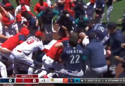 Dugouts clear in a massive baseball brawl that resulted in six ejections