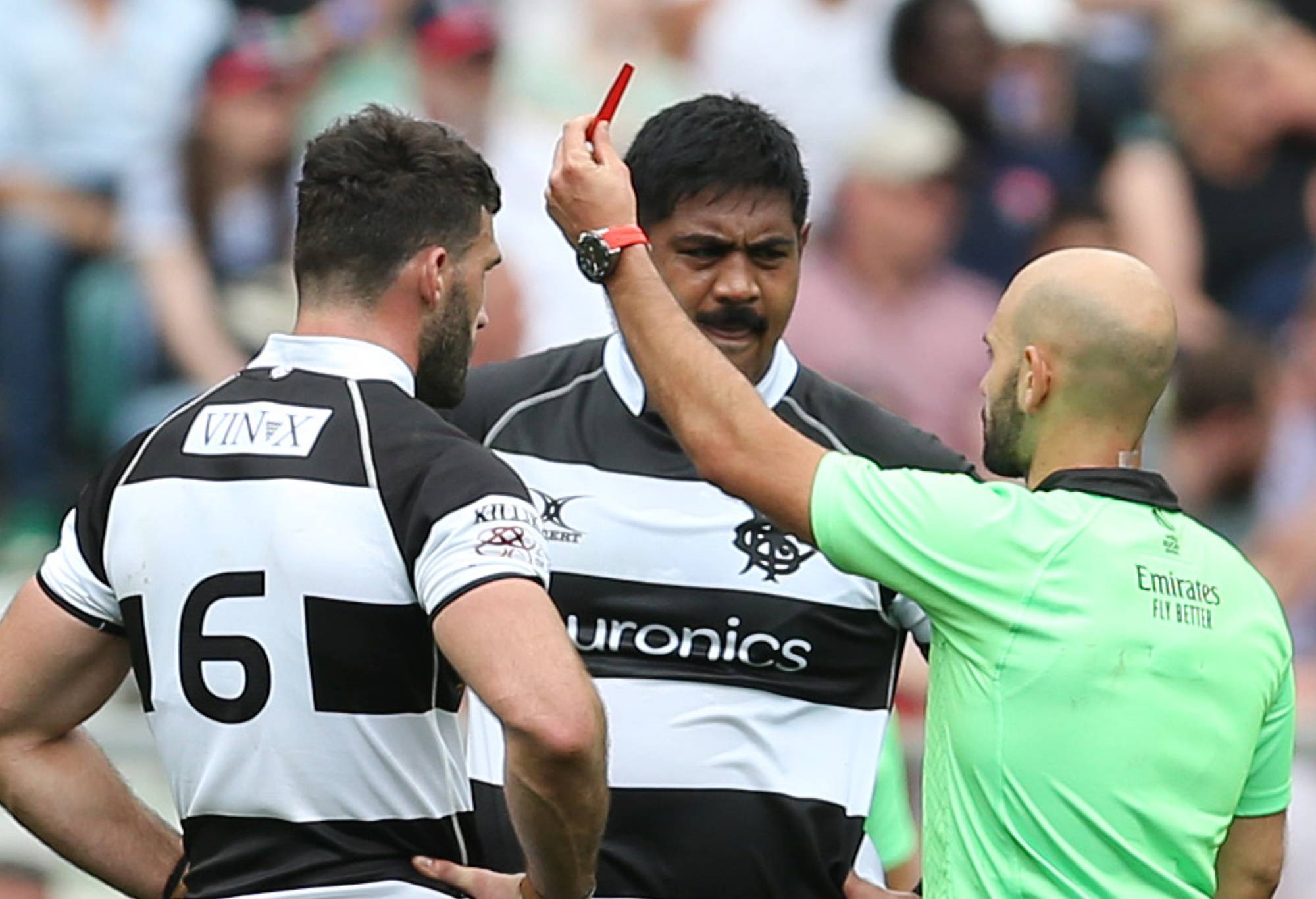 Will Skelton of Barbarians is shown a red card by Referee, Andrea Piardi during the International match between England and Barbarians at Twickenham Stadium on June 19, 2022 in London, England. (Photo by Steve Bardens/Getty Images for Barbarians)