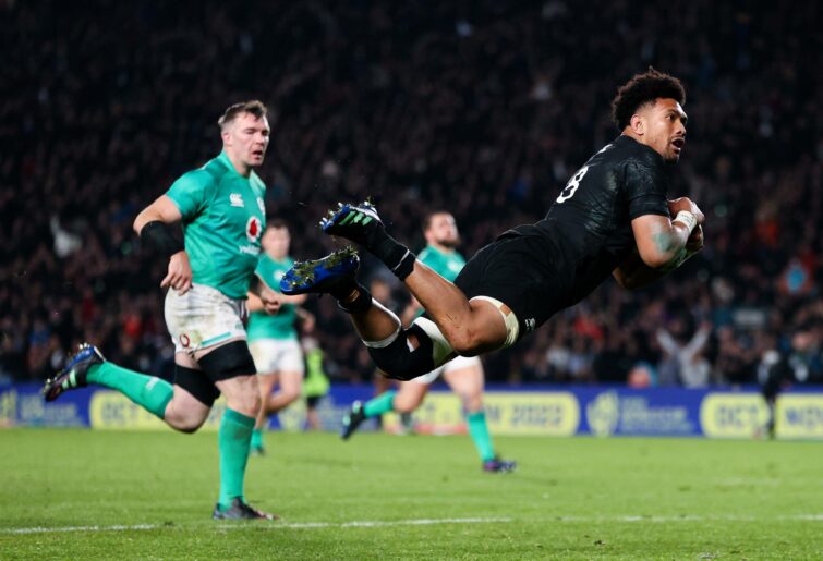 Ardie Savea of New Zealand scores a try during the International test Match in the series between the New Zealand All Blacks and Ireland at Eden Park on July 02, 2022 in Auckland, New Zealand. (Photo by Phil Walter/Getty Images)