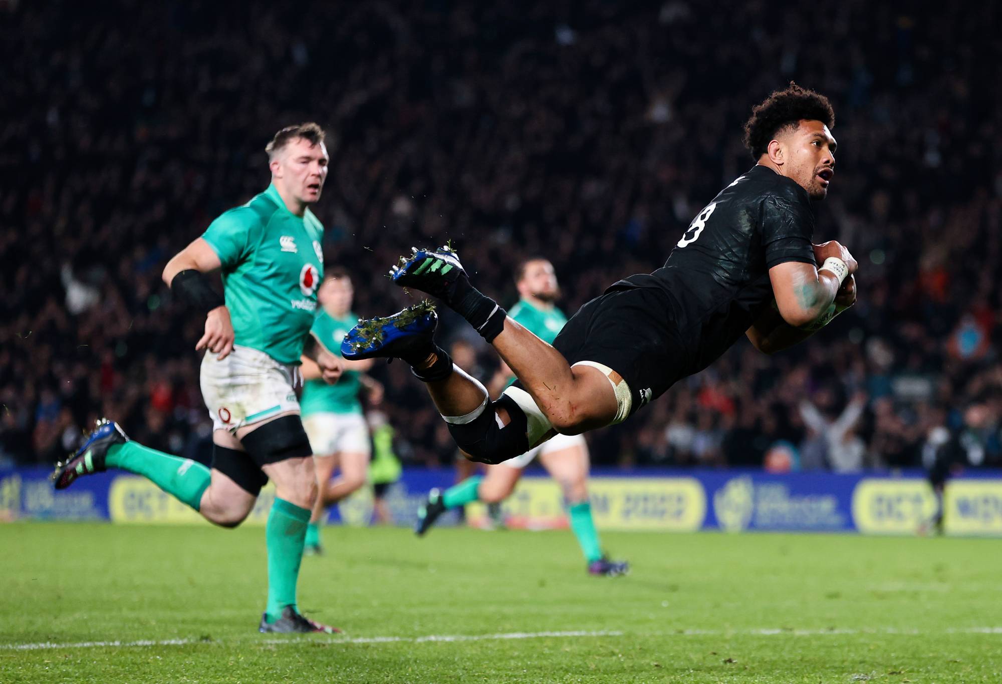 Ardie Savea of New Zealand scores a try during the International test Match in the series between the New Zealand All Blacks and Ireland at Eden Park on July 02, 2022 in Auckland, New Zealand. (Photo by Phil Walter/Getty Images)