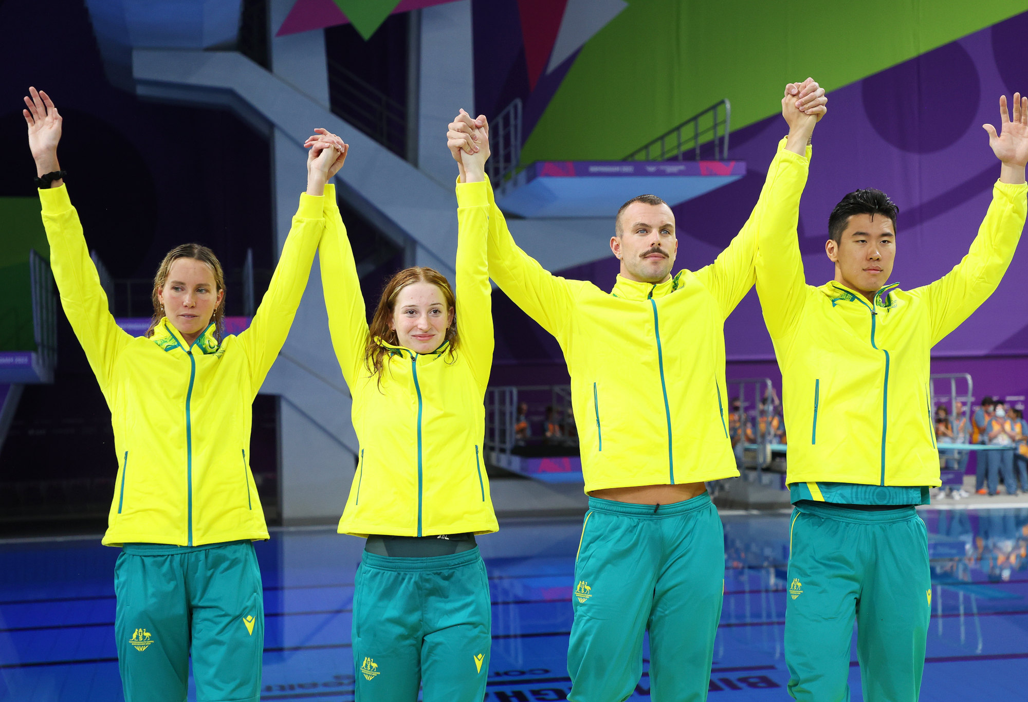 Gold medalists Emma McKeon, Mollie O'Callaghan, Kyle Chalmers and William Zu Yang of Team Australia celebrate.