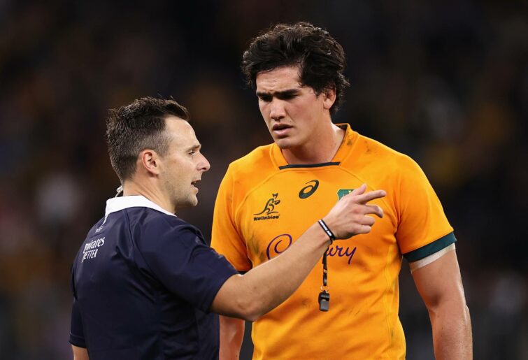 Darcy Swain of the Wallabies receives a red card during game one of the international test match series between the Australian Wallabies and England at Optus Stadium on July 02, 2022 in Perth, Australia. (Photo by Cameron Spencer/Getty Images)