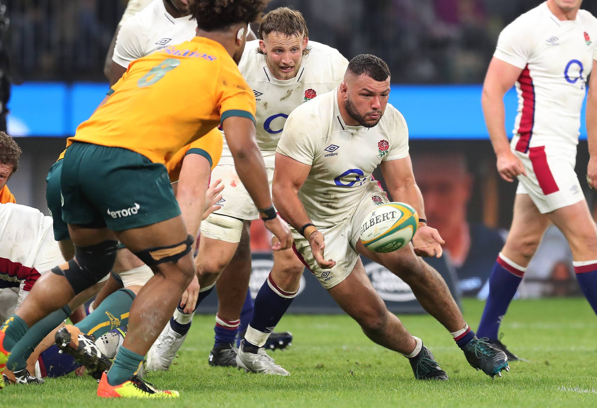 Ellis Genge of England passes the ball during game one of the international test match series between the Australian Wallabies and England at Optus Stadium on July 02, 2022 in Perth, Australia. (Photo by Will Russell - RFU/The RFU Collection via Getty Images)