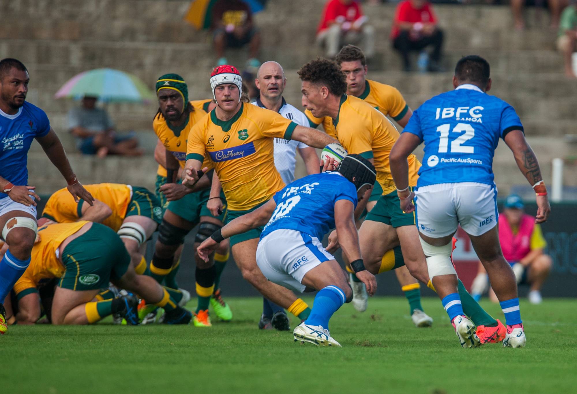 Australi A with the ball during the World Rugby Pacific Nations match between Australia A and Samoa at HFC Stadium on July 2, 2022 in Suva, Fiji. (Photo by Pita Simpson/Getty Images)