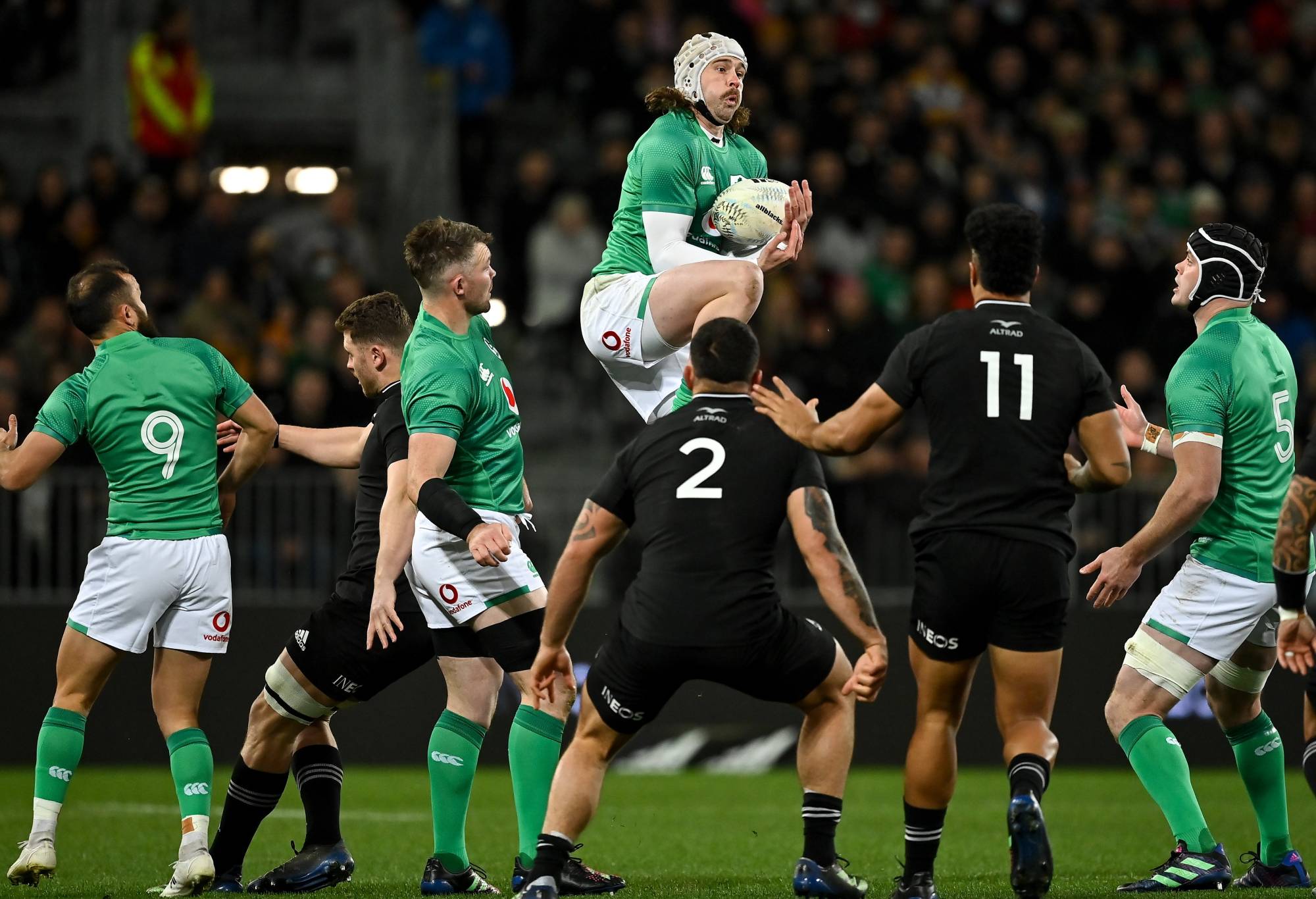 Mack Hansen of Ireland wins possession from a high ball during the Steinlager Series match between New Zealand and Ireland at the Forsyth Barr Stadium in Dunedin, New Zealand. (Photo By Brendan Moran/Sportsfile via Getty Images)