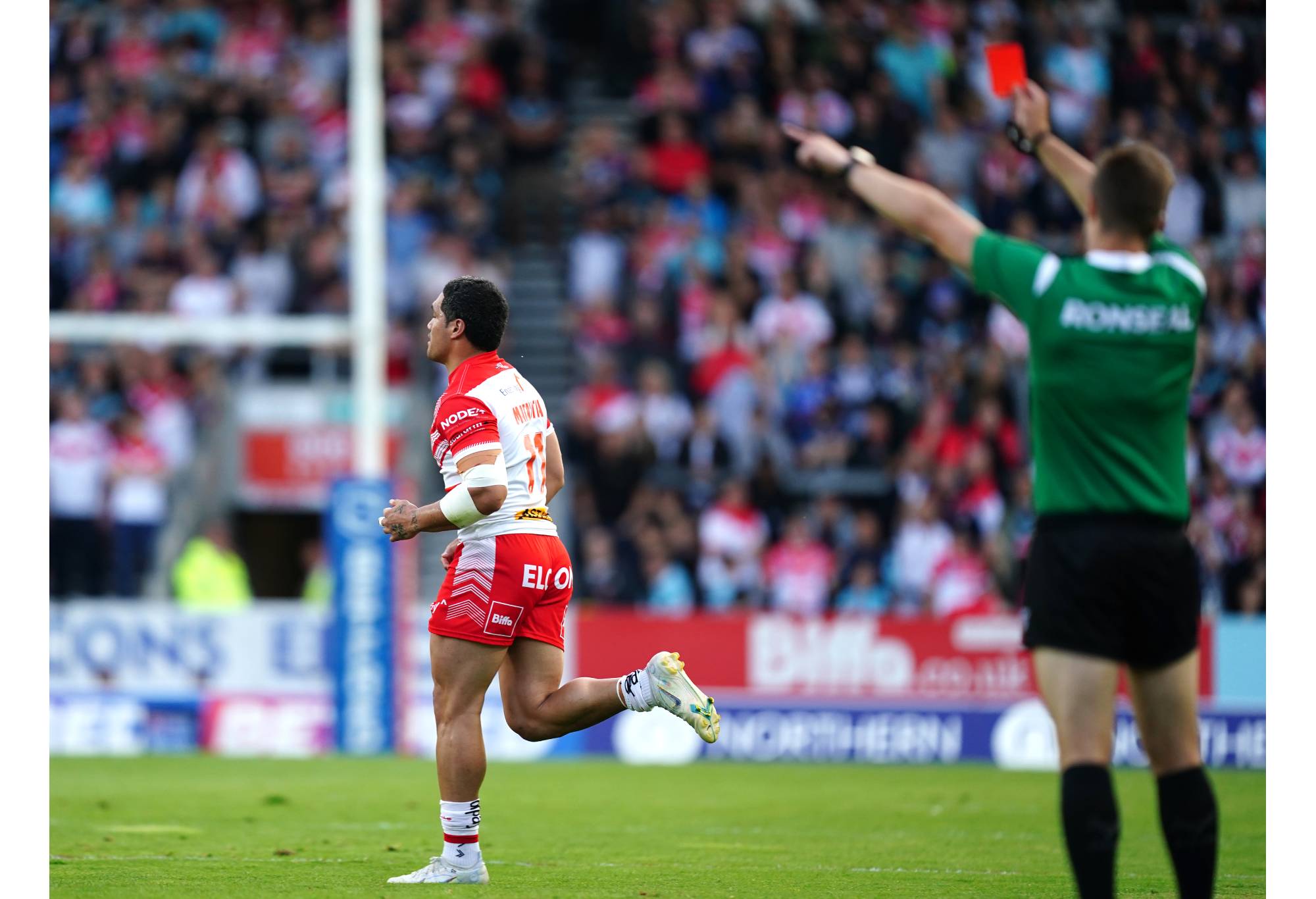 St Helens' Sione Mata'utia is sent off and shown a red card during the Betfred Super League match at the Totally Wicked Stadium, St Helens. Picture date: Friday July 15, 2022. (Photo by Mike Egerton/PA Images via Getty Images)