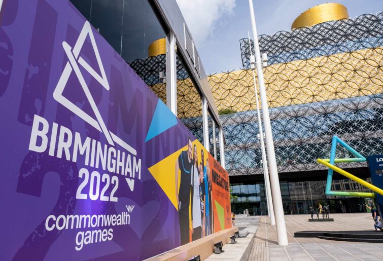 A generic image of the signage of the 2022 Commonwealth Games in Birmingham, England. (photo by Mike Kemp/In Pictures via Getty Images)