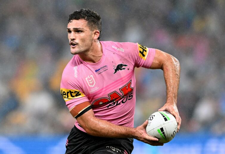 BRISBANE, AUSTRALIA - MAY 14: Nathan Cleary of the Panthers looks to pass the ball during the round 10 NRL match between the Melbourne Storm and the Penrith Panthers at Suncorp Stadium, on May 14, 2022, in Brisbane, Australia. (Photo by Bradley Kanaris/Getty Images)