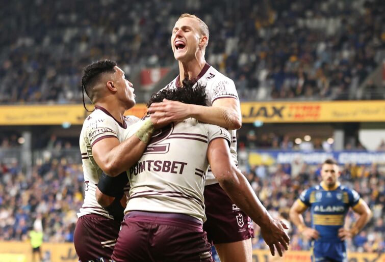SYDNEY, AUSTRALIA - JUNE 30: Jason Saab of the Sea Eagles celebrates scoring a try during the round 16 NRL match between the Manly Sea Eagles and the Melbourne Storm at 4 Pines Park, on June 30, 2022, in Sydney, Australia. (Photo by Cameron Spencer/Getty Images)