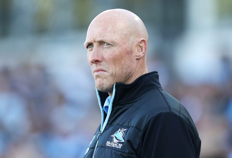 COFFS HARBOUR, AUSTRALIA - JUNE 18: Sharks coach Craig Fitzgibbon watches on during the warm-up before the round 15 NRL match between the Cronulla Sharks and the Gold Coast Titans at , on June 18, 2022, in Coffs Harbour, Australia. (Photo by Mark Kolbe/Getty Images)