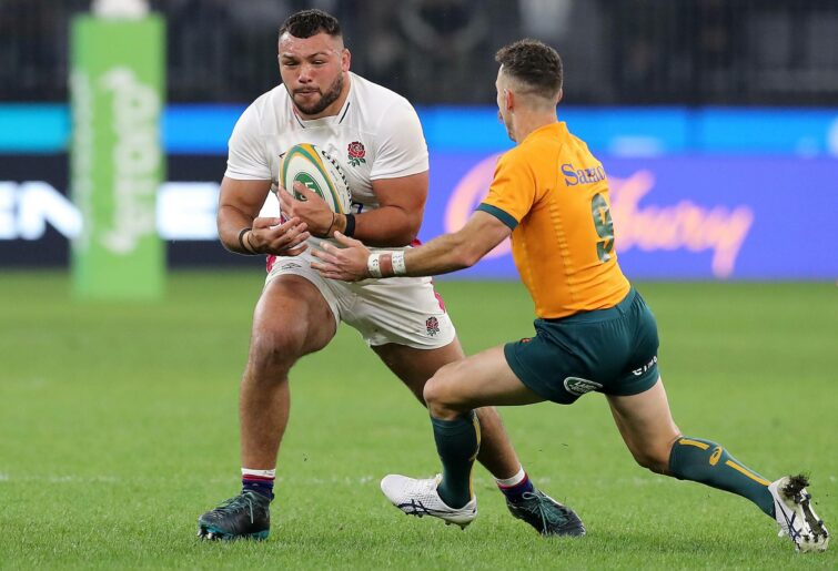Ellis Genge of England powers through the defence during game one of the international test match series between the Australian Wallabies and England at Optus Stadium on July 02, 2022 in Perth, Australia. (Photo by Will Russell - RFU/The RFU Collection via Getty Images)