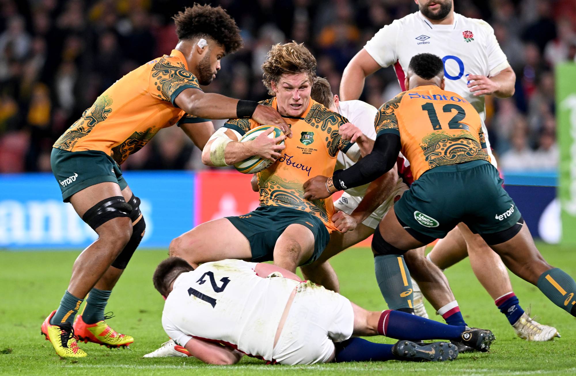 Michael Hooper of the Wallabies is tackled during game two of the International Test Match series between the Australia Wallabies and England at Suncorp Stadium on July 09, 2022 in Brisbane, Australia. (Photo by Bradley Kanaris - The RFU/The RFU Collection via Getty Images)