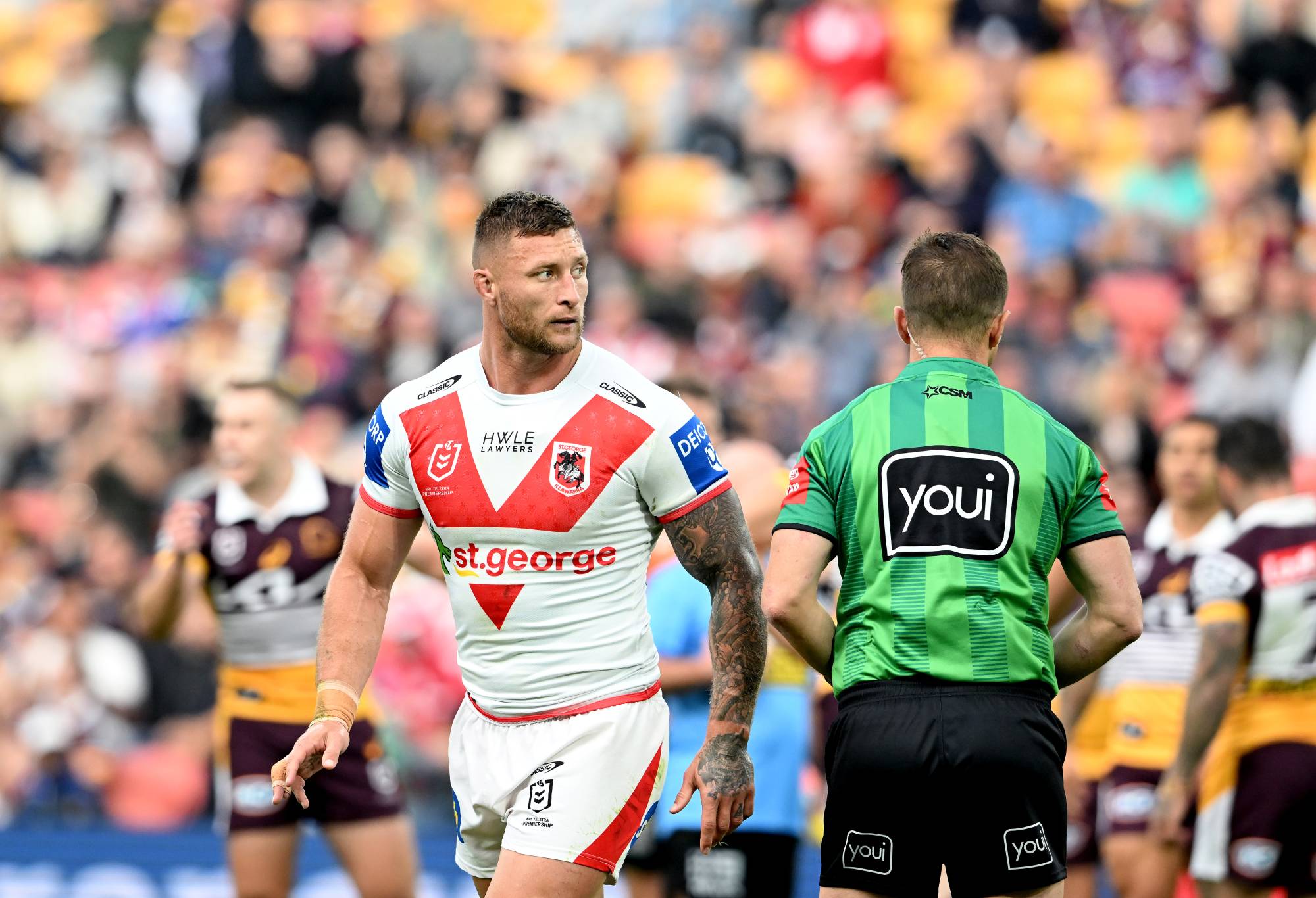 BRISBANE, AUSTRALIA - JULY 10: Tariq Sims of the Dragons is sin binned during the round 17 NRL match between the Brisbane Broncos and the St George Illawarra Dragons at Suncorp Stadium, on July 10, 2022, in Brisbane, Australia. (Photo by Bradley Kanaris/Getty Images)