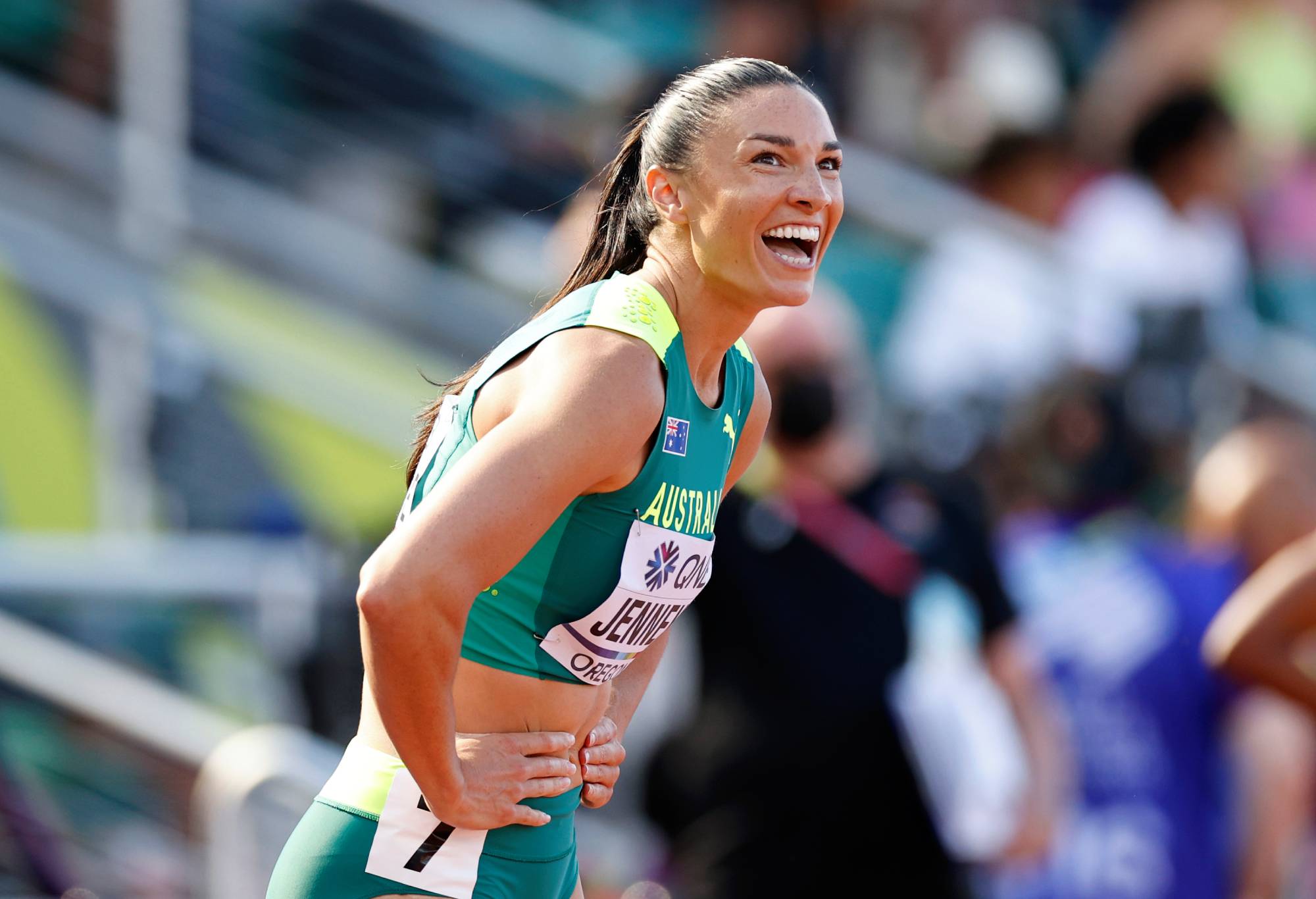 Michelle Jenneke of Team Australia reacts after competing in the Women's 100m Hurdles Semi-Final on day ten of the World Athletics Championships Oregon22 at Hayward Field on July 24, 2022 in Eugene, Oregon. (Photo by Steph Chambers/Getty Images)