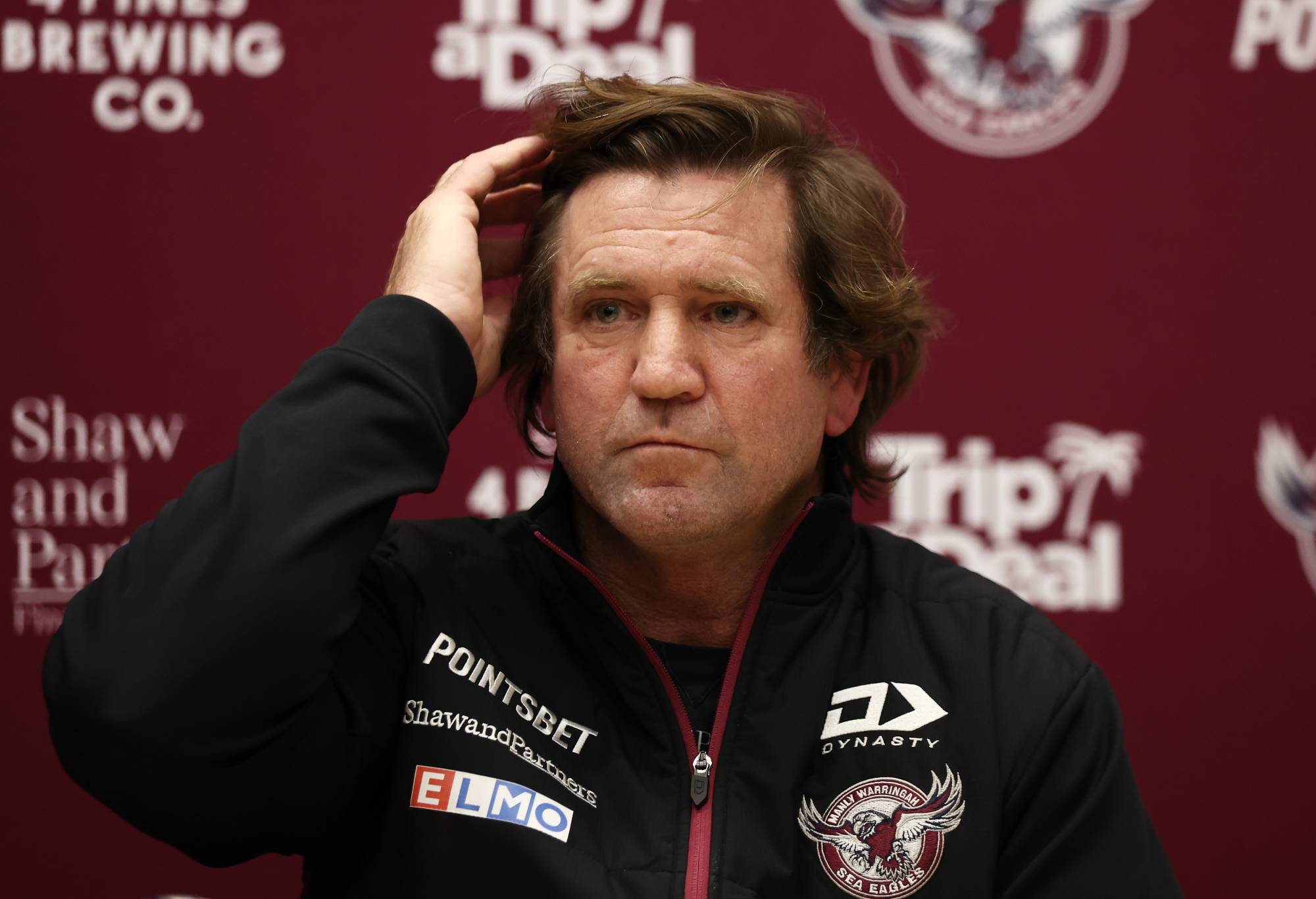 SYDNEY, AUSTRALIA - JULY 26: Sea Eagles coach Des Hasler speaks to the media during a Manly Warringah Sea Eagles NRL media opportunity at 4 Pines Park on July 26, 2022 in Sydney, Australia. (Photo by Matt King/Getty Images)