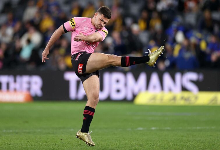 SYDNEY, AUSTRALIA - JULY 29: Nathan Cleary of the Panthers warms u during the round 20 NRL match between the Parramatta Eels and the Penrith Panthers at CommBank Stadium, on July 29, 2022, in Sydney, Australia. (Photo by Cameron Spencer/Getty Images)