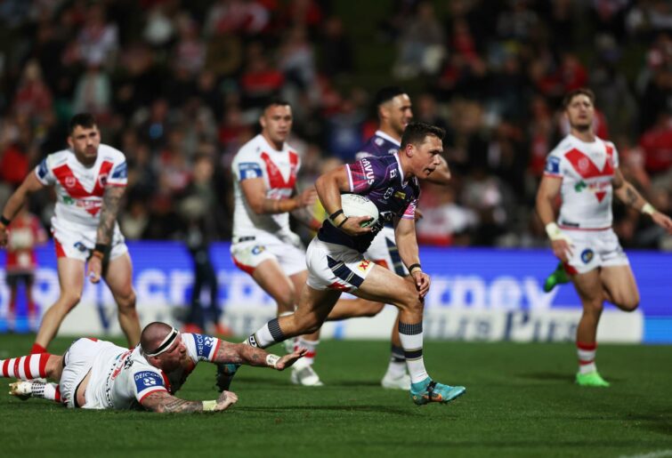 SYDNEY, AUSTRALIA - JULY 31: Scott Drinkwater of the Cowboys beats the defence to score a try during the round 20 NRL match between the St George Illawarra Dragons and the North Queensland Cowboys at Netstrata Jubilee Stadium, on July 31, 2022, in Sydney, Australia. (Photo by Matt King/Getty Images)
