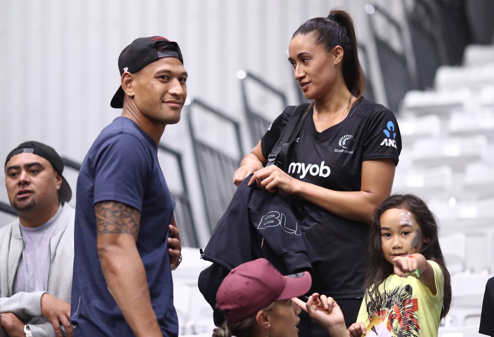 AUCKLAND, NEW ZEALAND - MARCH 21:  Maria and Israel Folau following the Taini Jamison Trophy match between the New Zealand Silver Ferns and the Malawai Queens at North Shore Events Centre on March 21, 2018 in Auckland, New Zealand.  (Photo by Phil Walter/Getty Images)