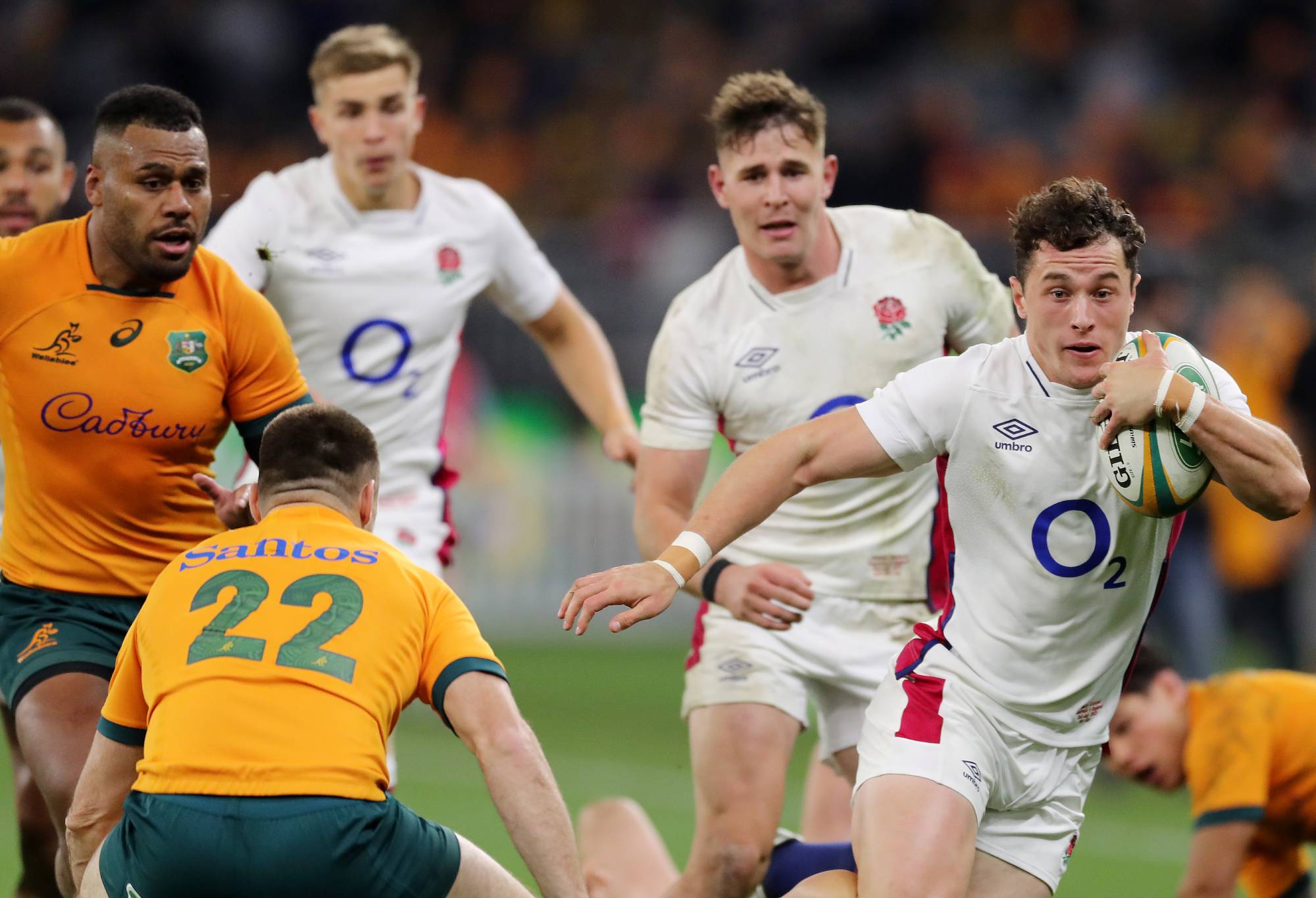 Henry Arundell of England runs to score a scores a try during game one of the international test match series between the Australian Wallabies and England at Optus Stadium on July 02, 2022 in Perth, Australia. (Photo by Will Russell - RFU/The RFU Collection via Getty Images)