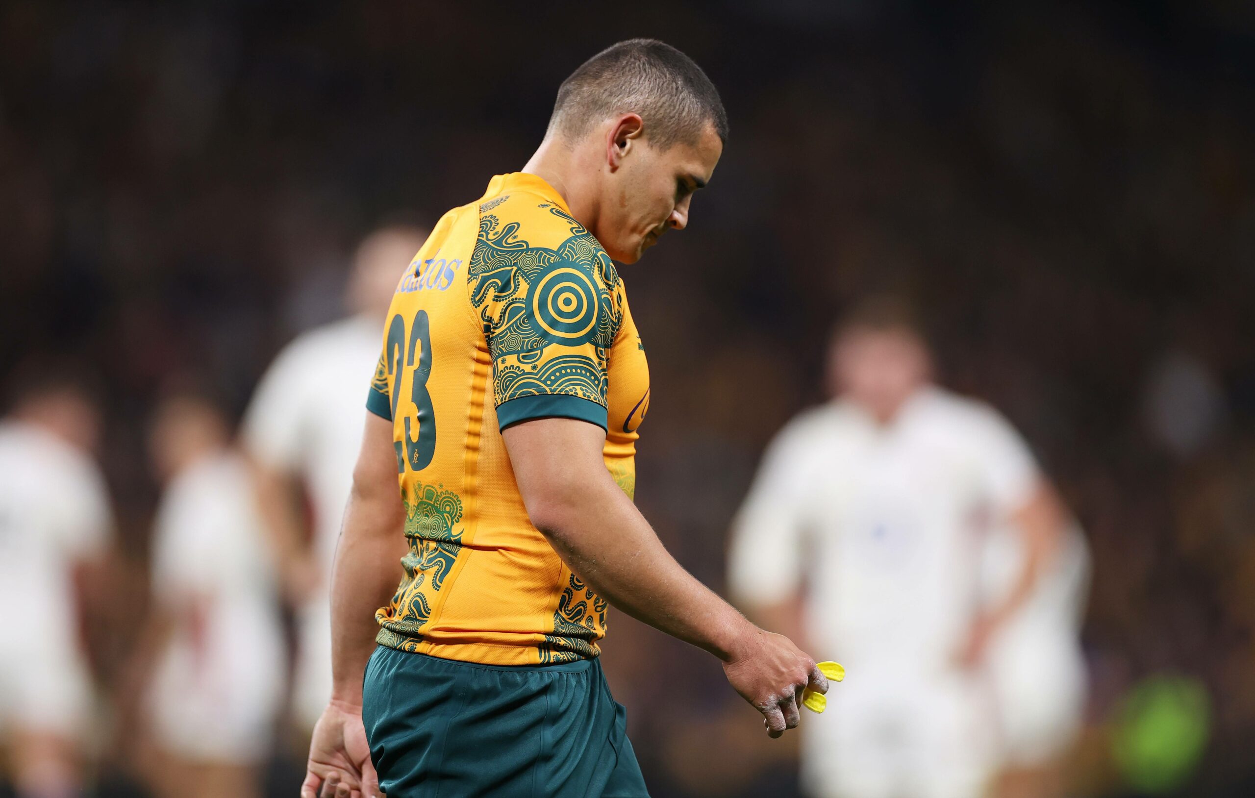 Izaia Perese of Australia walks off after receiving a yellow card for deliberate knock on during game two of the International Test Match series between the Australia Wallabies and England at Suncorp Stadium on July 09, 2022 in Brisbane, Australia. (Photo by Cameron Spencer/Getty Images)