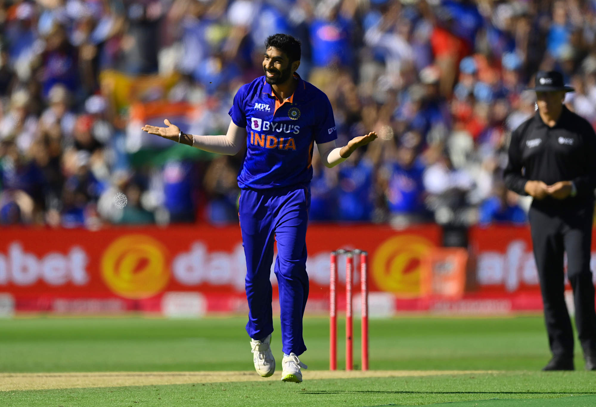 Jasprit Bumrah celebrates a wicket