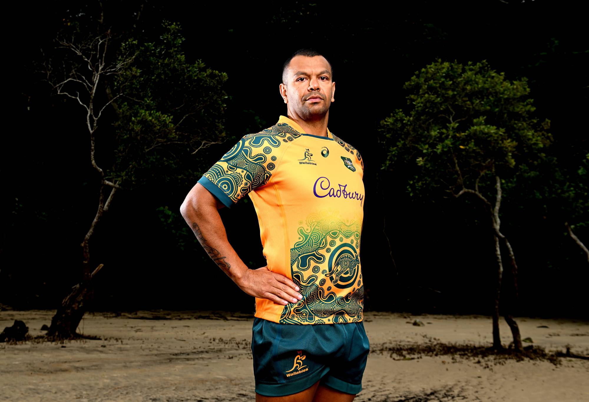 Kurtley Beale poses for a photo during the Wallabies Indigenous Jersey Launch at the Jellurgal Aboriginal Cultural Centre on July 04, 2022 in Gold Coast, Australia. (Photo by Bradley Kanaris/Getty Images)
