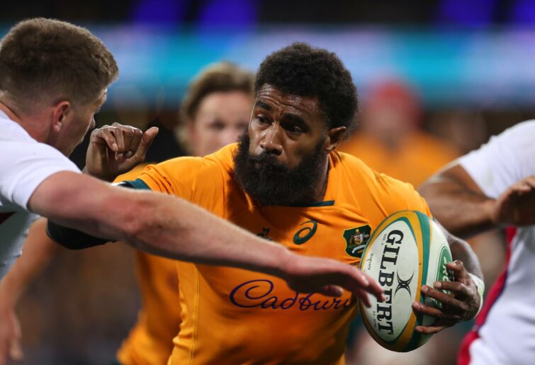 Marika Koroibete of the Wallabies is tackled during game three of the International Test match series between the Australia Wallabies and England at the Sydney Cricket Ground on July 16, 2022 in Sydney, Australia. (Photo by Mark Kolbe/Getty Images)