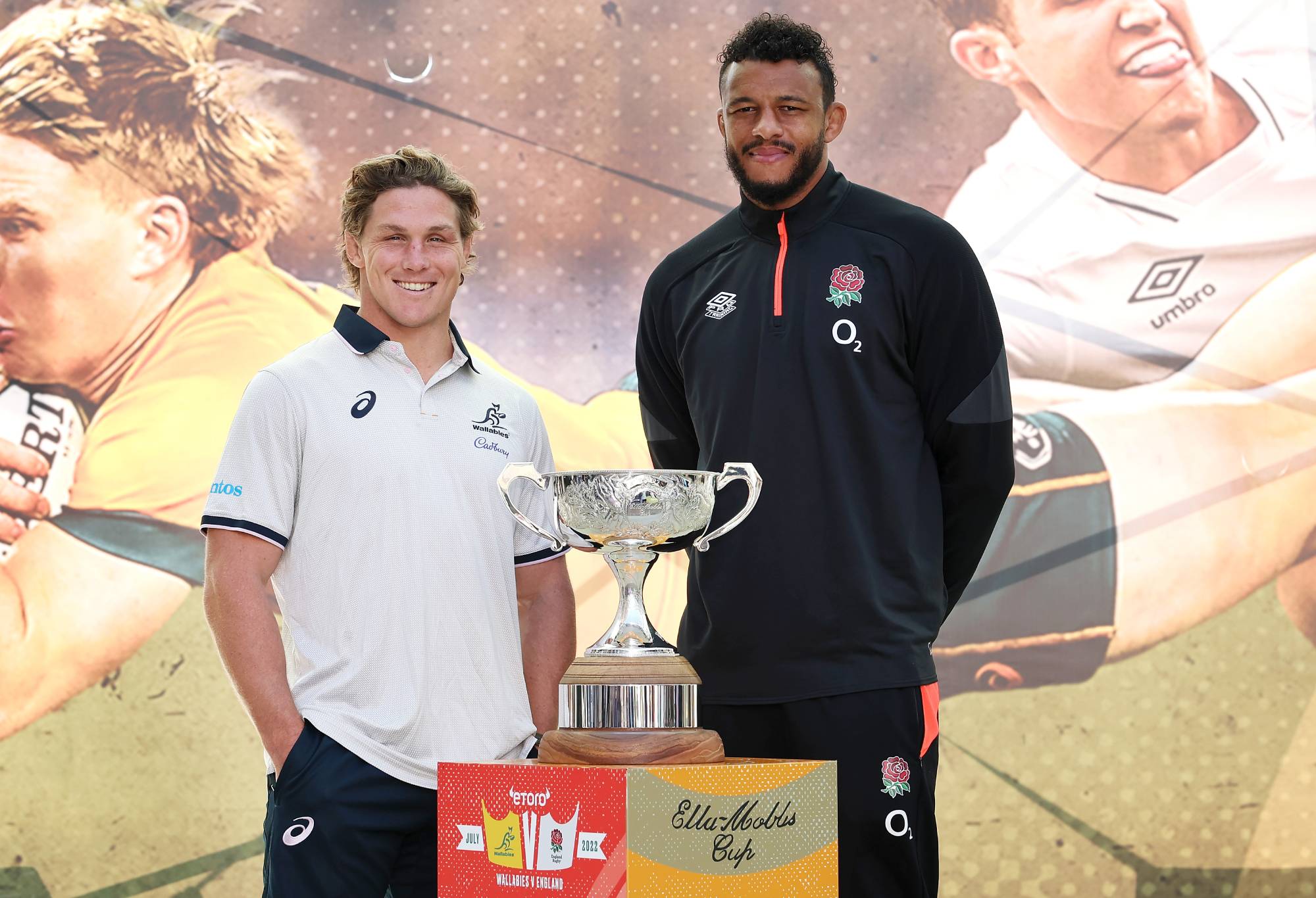 Wallabies captain Michael Hooper and England captain Courtney Lawes pose with the Ella-Mobbs Cup during a media opportunity ahead of the Wallabies v England Test series, at Forrest Place on July 01, 2022 in Perth, Australia. (Photo by Paul Kane/Getty Images)