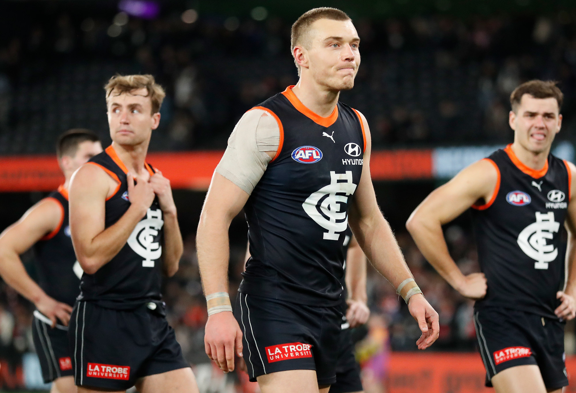 Patrick Cripps of the Blues looks dejected after a loss.