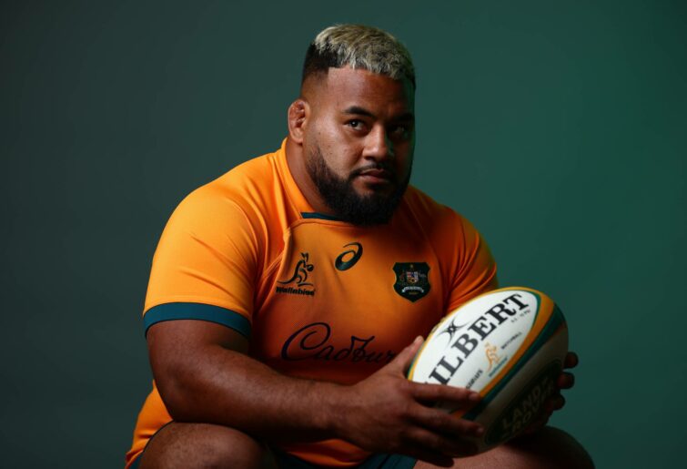 Taniela Tupouposes during the Australian Wallabies 2022 team headshots session on June 24, 2022 in Sunshine Coast, Australia. (Photo by Chris Hyde/Getty Images for Rugby Australia)