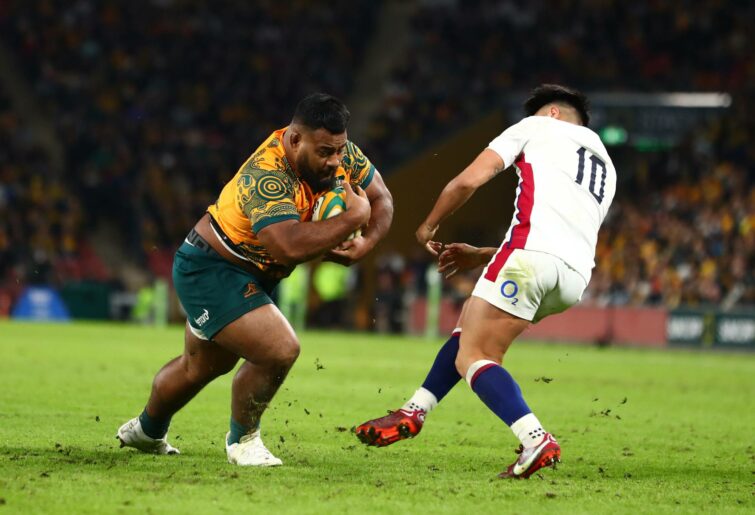 Taniela Tupou of the Wallabies runs the ball during game two of the International Test Match series between the Australia Wallabies and England at Suncorp Stadium on July 09, 2022 in Brisbane, Australia. (Photo by Chris Hyde/Getty Images)