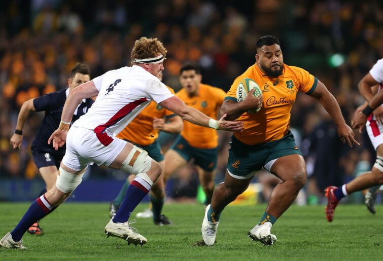 Taniela Tupou of the Wallabies makes a break during game three of the International Test match series between the Australia Wallabies and England at the Sydney Cricket Ground on July 16, 2022 in Sydney, Australia. (Photo by Mark Kolbe/Getty Images)