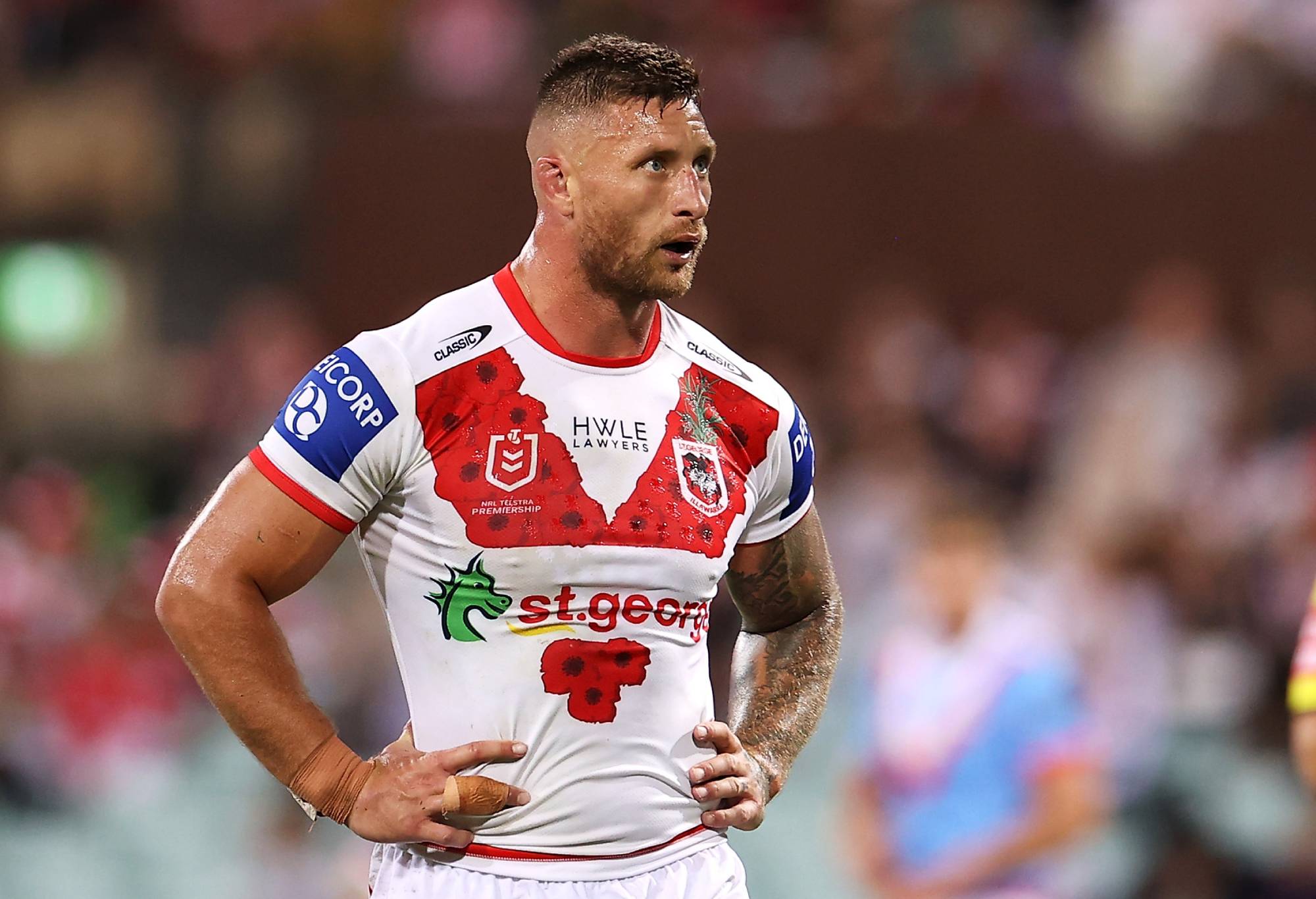 Tariq Sims of the Dragons watches on during the round seven NRL match between the St George Illawarra Dragons and the Sydney Roosters at Sydney Cricket Ground, on April 25, 2022, in Sydney, Australia. (Photo by Mark Kolbe/Getty Images)