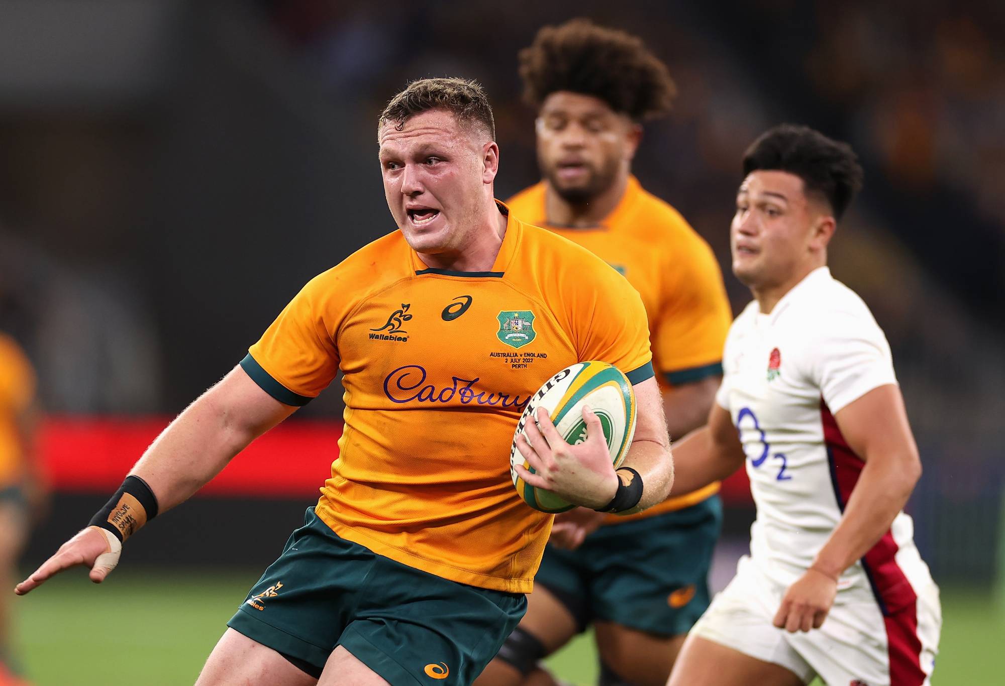 Angus Bell of the Wallabies makes a break during game one of the international test match series between the Australian Wallabies and England at Optus Stadium on July 02, 2022 in Perth, Australia. (Photo by Cameron Spencer/Getty Images)