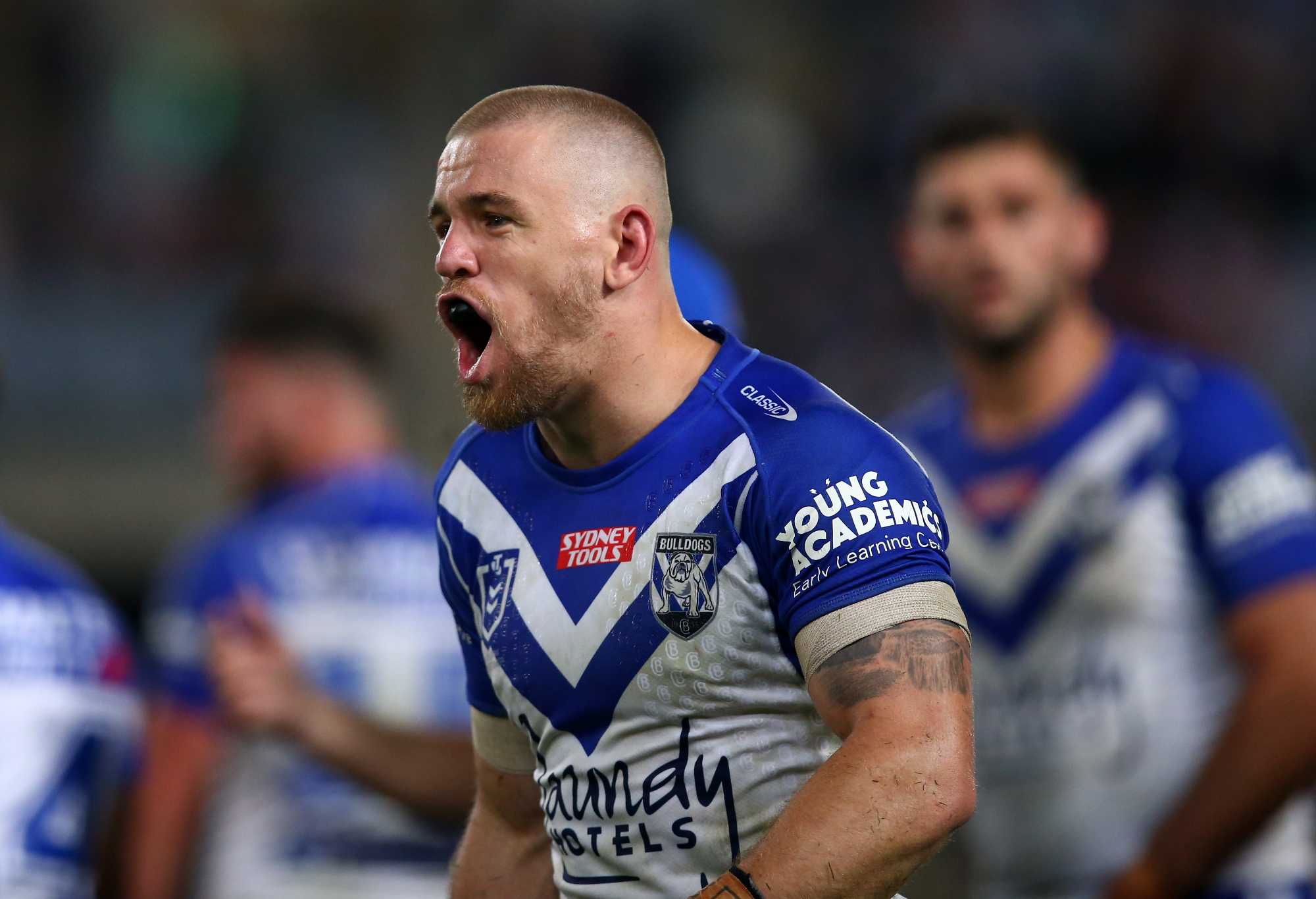 Matt Dufty of the Bulldogs during the round eight NRL match between the Canterbury Bulldogs and the Sydney Roosters at Stadium Australia on April 30, 2022 in Sydney, Australia. (Photo by Jason McCawley/Getty Images)