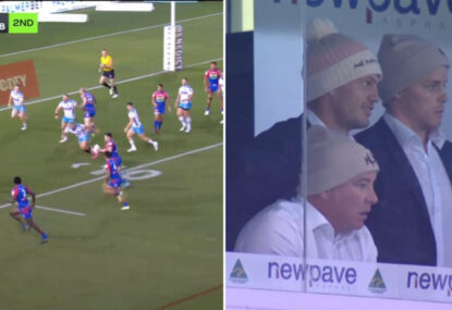 Kalyn Ponga can only watch on as his replacement butchers Knights' try
